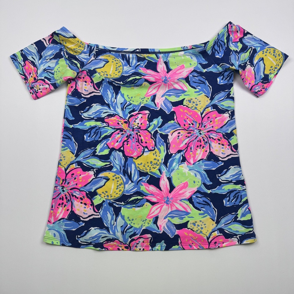Lilly Pulitzer Womens Small Navy Bright Floral Off Shoulder Top Tropical Fruit